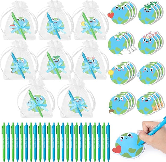 Xqumoi Earth Day Sticky Notes with Pen Gift Set - 24 Set Save The Planet Self Sticky Writing Memo Pads Ballpoint Pens with Mesh Bag Party Favors School Classroom Rewards Office Supplies