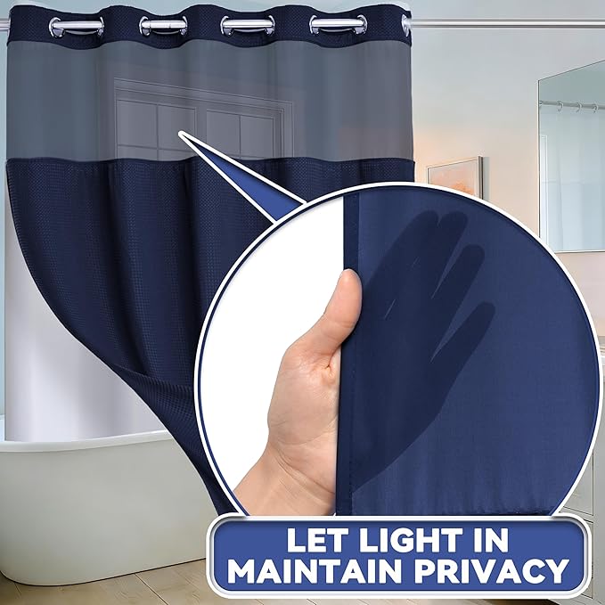 Conbo Mio No Hook Waffle Weave Shower Curtain with Snap in Liner Set, Hotel Luxury Navy Blue Shower Curtains for Bathroom with See Through Top Window, Waterproof, Washable 71W x 74H