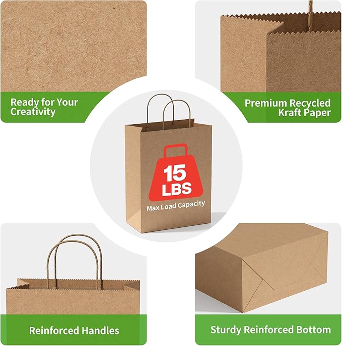 Simple Deluxe Value Pack of 100 Kraft Paper Bags with Handles (10x5x13 Inch) - Made in USA from 90GSM 100% Recycled Paper for Retail, Bulk Savings for Retail, Stores & Gift Packaging