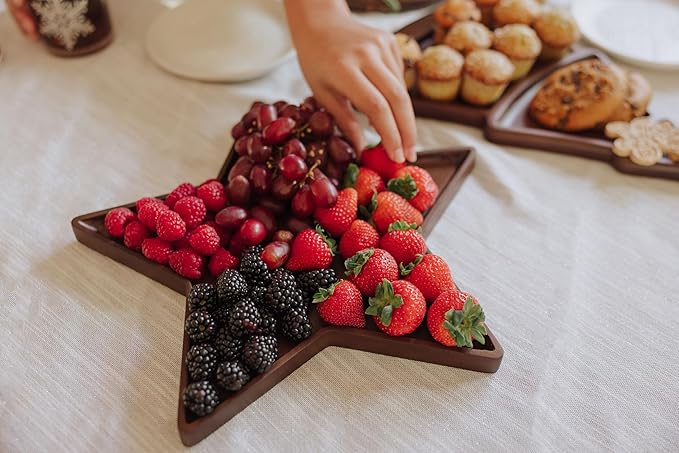 Picnic TIME Christmas Star Serving Tray, Holiday Appetizer Tray, Wooden Charcuterie Board, (Stained Parawood)