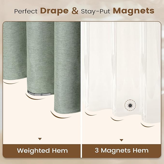 BTTN Sage Green 3 in 1 Shower Curtain Set - Linen Textured Cloth Shower Curtain and PEVA Liner with Plastic Hook and 3 Magnets, Tall Modern Neutral Waterproof Shower Curtain for Bathroom, 72x84