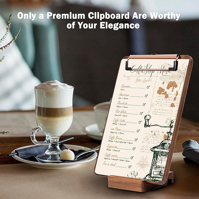 Walnut Wood Clipboard, 9" x 6.3" Small Menu Clip Board with Metal Clip and Stable Base, Solid Hardwood, Smooth Edges, Free Stand Holder for Bar, Restaurant, Coffee Shops, Countertops