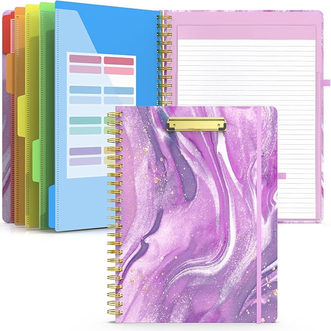 Sooez Clipboard Folio with Refillable Notepad, Folder with 10 Storage Pockets for Letter Size, Spiral Clipboard Notebook, Cute Portfolio for School, Office & Nursing