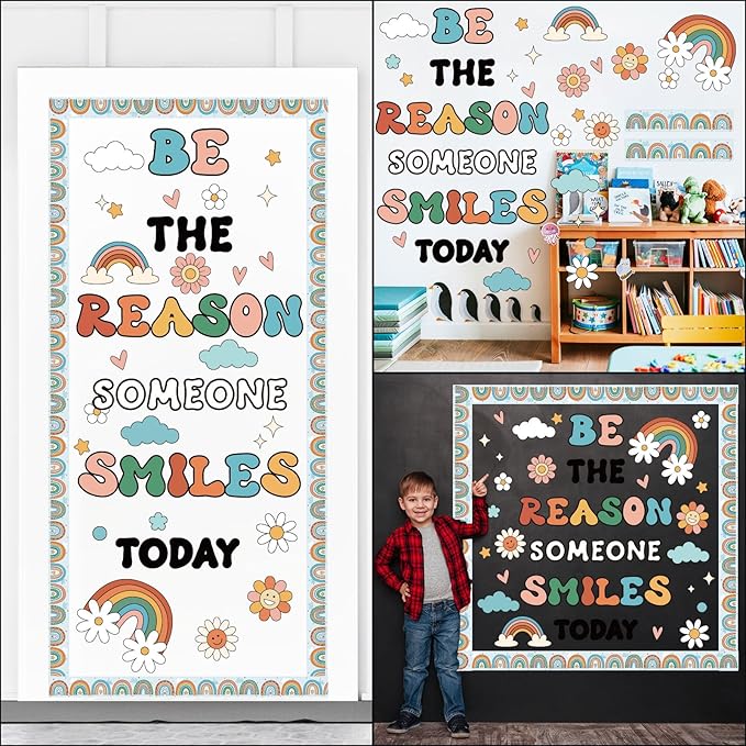 Boho Rainbow Classroom Bulletin Board Decoration Set Welcome Borders Cutouts for Back to School Classroom Door Welcome Bulletin Board Craft Party Home Wall(Be The Reason Someone Smile Today)