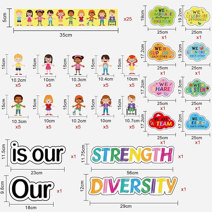 Diversity Bulletin Board Decoration Set Diverse Students Borders Cutouts for Party School Classroom Door Welcome Bulletin Board Craft Home Wall(Our Diversity is Our Strength)