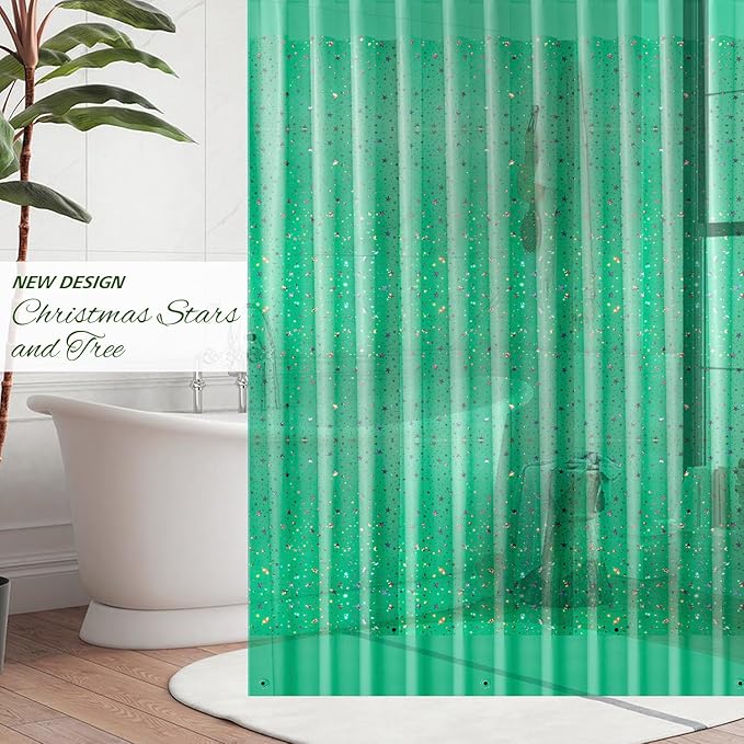 Green Holographic 3D EVA Shower Curtain Liner Glitter Star, 72x72 Premium Light Weight Plastic Bathroom Shower Curtain with Rustproof Metal Grommets for Shower Stall, Bathtubs(No Hooks)