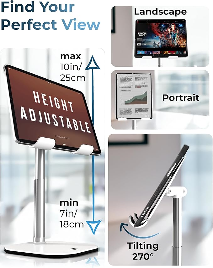 COOPER TabHolder, 7-10" Height Adjustable Tablet Stand, Premium iPad Stand for Desk, 270° Tilt iPad Holder, Kindle Holder, 15.6-17" Portable Monitor Support (White)