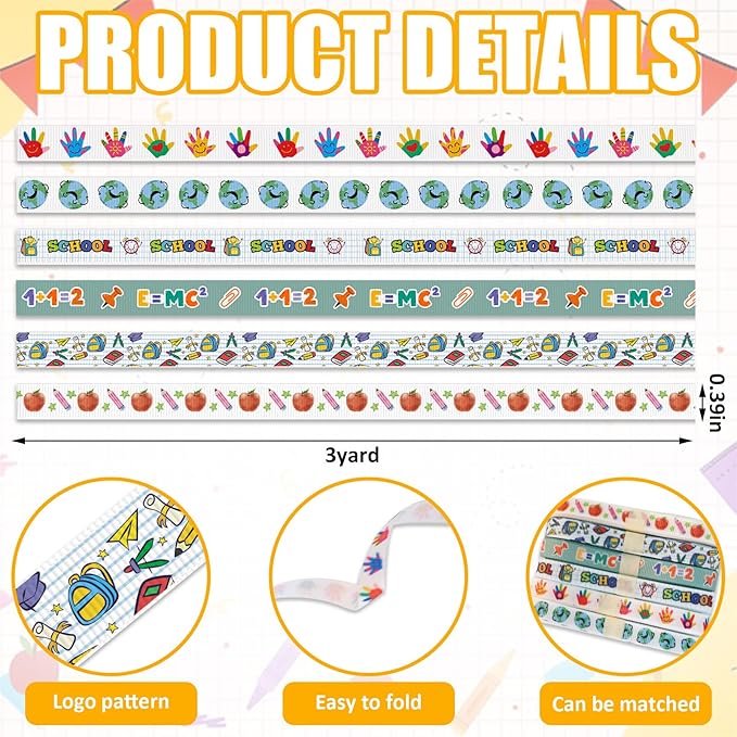 Threetols 6 Rolls 18 Yards Back to School Ribbons, 3/8" School Day Grosgrain Blue White Globe Apple Pencil ABC Gift Wrapping for School Class Teacher Kindergarten Party Supply