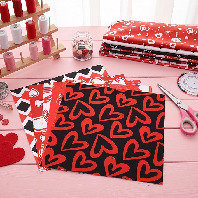 Shimeyao 60 Pcs 10 x 10 Inch Valentine's Day Quilting Fabric Bundle Fat Quarters Heart Printed Squares Fabric Print Red Black Patchwork Supplies for Valentines Day DIY Decorations Sewing Craft