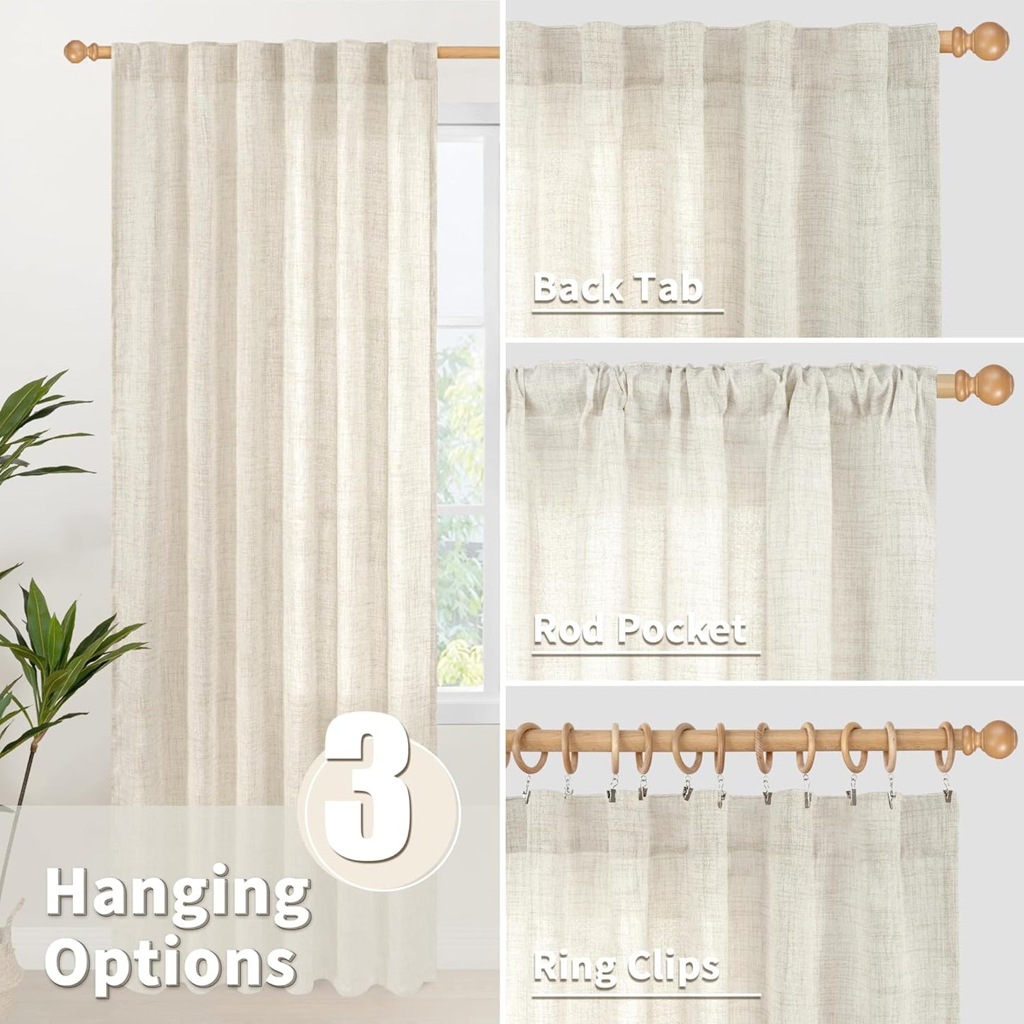 YoungsTex Boho Linen Curtains 63 Inch Length 2 Panels for Living Room - Cream Semi Sheer Window Drapes Light Filtering with Back Tab Rod Pocket Rustic for Country Bedroom, 52 X 63 Inch