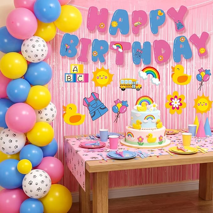 Epakh 39 Pcs Cartoon English Teacher Birthday Party Decorations Includes 24 Pieces Paper Cards 13 Pcs Happy Birthday Banner 2 Pieces Foil Fringe Curtain Backdrop for Photo Prop Themed Party Supplies