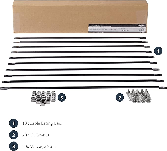 StarTech 10-Pack Horizontal Lacing Bar, Server Rack Cable Management, 19" Network Rack-Mount Cord Organizer, TAA