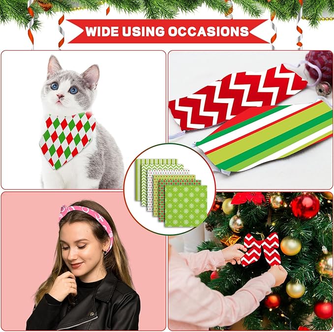 Shimeyao 60 Pcs 10 x 10 Inch Christmas Quilting Fabric Bundle Fat Quarters Stripe Dot Bright Red Green Print Squares Fabric Print Patchwork Supplies for Xmas DIY Decorations Sewing Craft