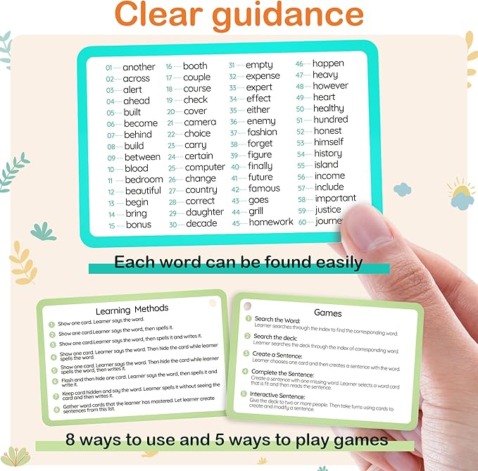 WJPC 300 Cards, 580PCS High Frequency Sight Words Flash Cards for (1st, 2nd, 3rd Grade, First Second Third Grade Prefix Suffix 6,7,8,9,10,11 Years Ages Kids Boys Girls