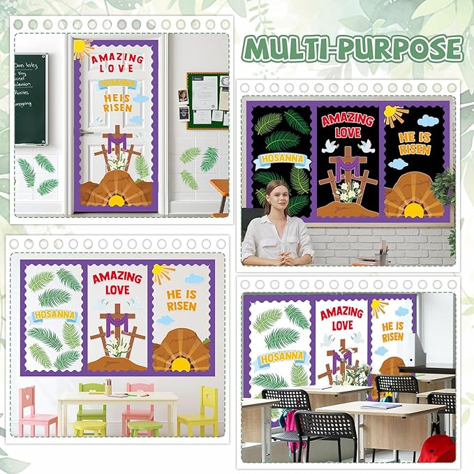 Easter Christian Bulletin Board Set He is Risen Religious Classroom Decoration Jesus Resurrection Cross Lily Hosanna Cutouts for Spring Church Sunday School Classroom Home Chalkboard Wall Decor