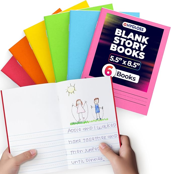 Hygloss Half Blank Books for Kids to Write Stories and Illustrate – Bulk 6 Pack – 5.5" x 8.5" A5 – Small Primary Journal for Grades K-2, Preschool/Kindergarten Notebook with Picture Space – 24 Pages