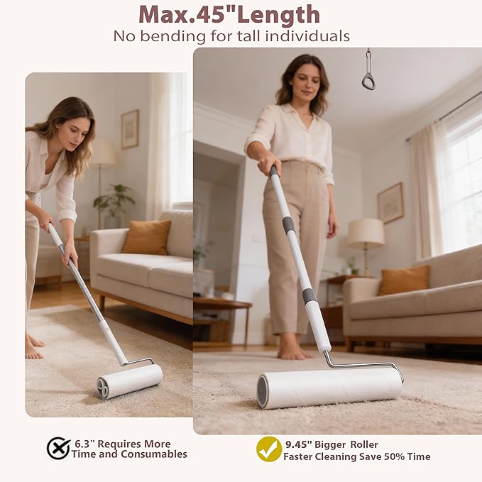Large Lint Rollers for Pet Hair Extra Sticky, 9.45'' Long Handled Giant Lint Roller,6 Replaceable Rolls for Cleaning Carpets, Clothing, Couch, Furniture Wall Cleaner Mop Dust Remover