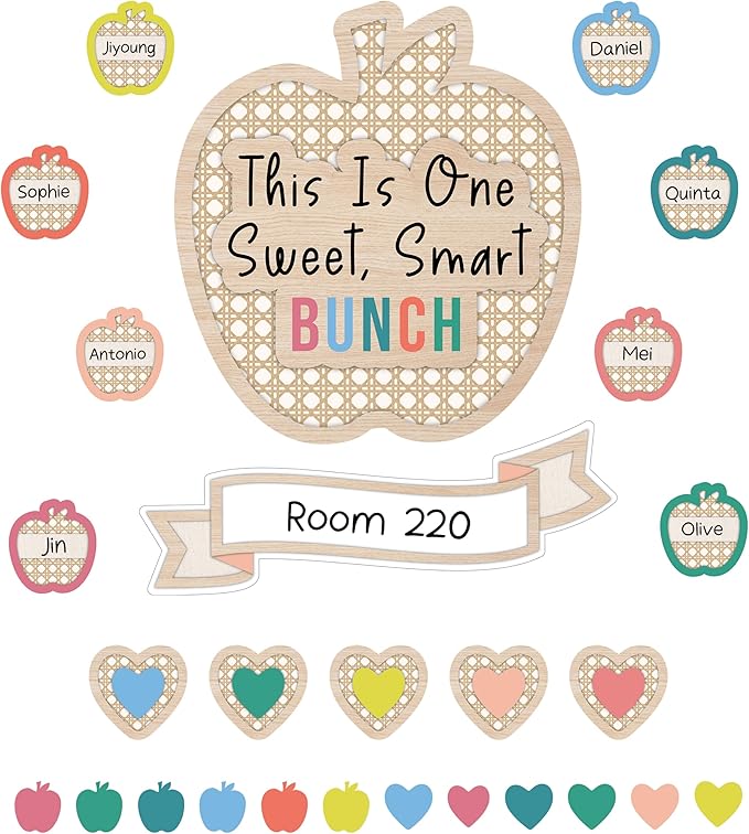 Carson Dellosa True to You 59-Piece This is One Sweet, Smart Bunch Motivational Bulletin Board Set, Heart and Apple Modern Décor for Bulletin Board, Cork Board, and Natural Classroom Decor, 110587