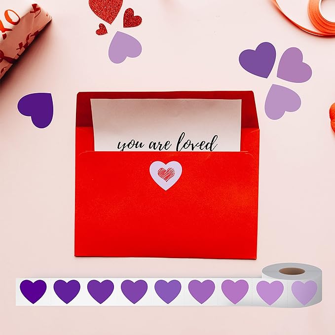1200 PCS Purple Heart-shaped Stickers, 10 Gradient Purple Designs Self-adhesive Labels with Perforation Line in Roll, Use for Valentine's Day,Award Charts, Teachers & Classrooms, Bookmarks (3/4" Each)