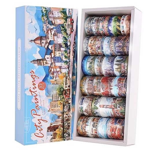 32 Rolls Vintage Washi Tape Set, European Cityscapes with Architectures & Scenery, Writable Decorative Tapes for Scrapbooking, Junk Journal Bullet Journal Supplies 8-50mm Wide, Artistic Adhesive Tape