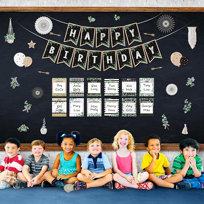 48 Pcs Classroom Happy Birthday Bulletin Board Sets Decorations, Eucalyptus Greenery Plant Birthday Classroom Decor, Nature Birthday Chart Poster Wall Classroom Themes Decoration Cutouts Sets Bundle