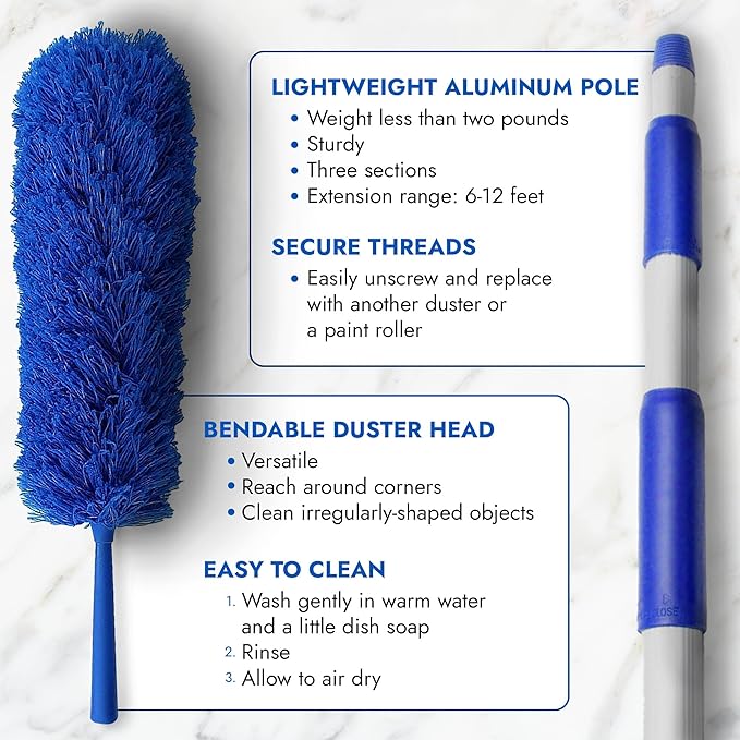 Extendable Microfiber Duster Extension Rod | Ceiling Fan Duster 20 Foot Reach | Cobweb 3-Stage Aluminum Telescoping Pole | Lightweight Webster Telescoping Cleaning Tool | U.S. Duster Co.