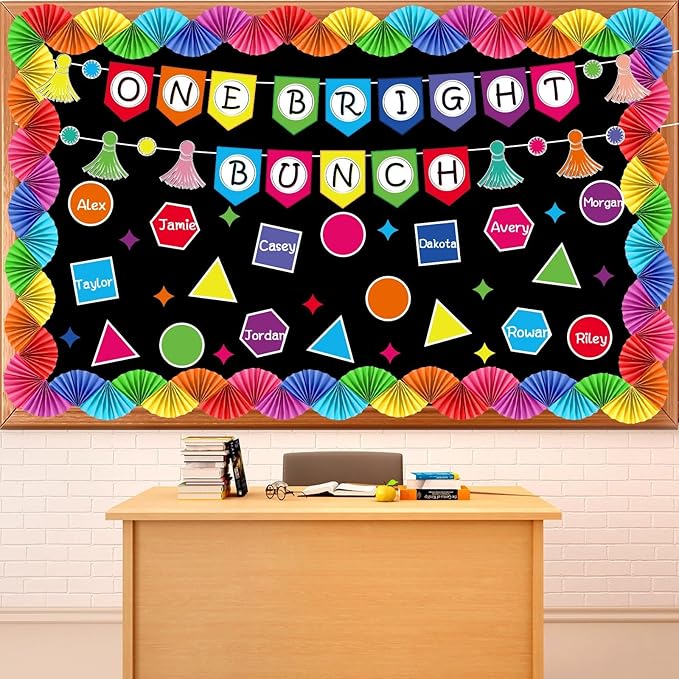 3D Colorful Bulletin Board Set 3D Paper Fans Border Classroom Decorations Motivational One Bright Bunch Bulletin Board Writable Shapes Paper Cutouts for Back to School Classroom Chalkboard Wall Decor
