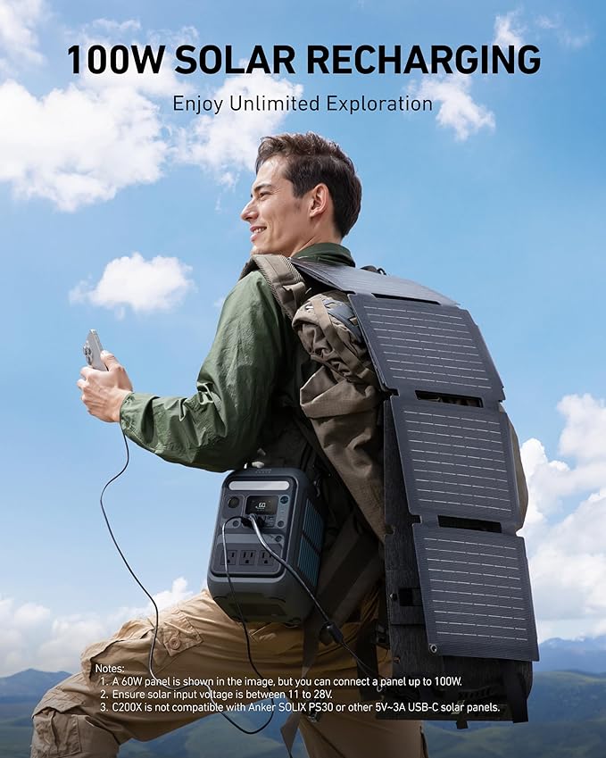 Anker SOLIX C200X Portable Power Station with 60W Solar Panel, 230.4Wh LiFePO4 Battery, 300W (600W Surge) Solar Generator, 140W Two-Way Fast Charging, For Outdoor Camping, Traveling, and Emergencies