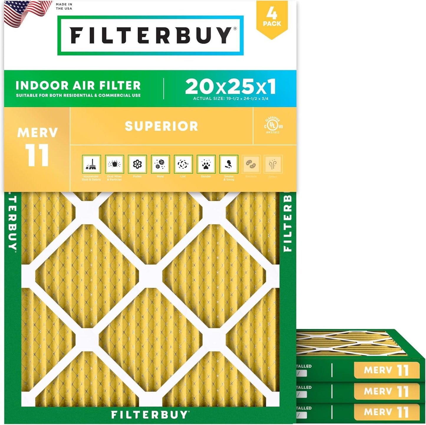 Filterbuy 20x25x1 Air Filter MERV 11 (MPR 1200) Allergen Defense Replacement (4-Pack), Electrostatic Pleated HVAC AC Furnace Filters, Made in USA (Actual Size: 19.50 x 24.50 x 0.75)