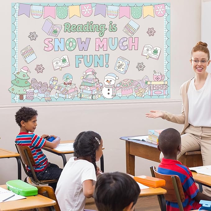 Winter Bulletin Board Set Pastel Winter Reading Classroom Decoration Kit Snowman Snowflake Sweater Christmas Tree Cutouts for Holiday Xmas School Classroom Chalkbaord Home Office Decor Supplies