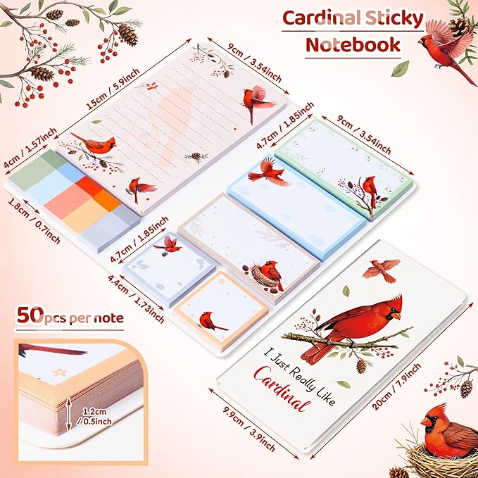 B1ykin Cute Sticky Notes Set - I Just Really Like Cardinal Self-Stick Notes Pad, 550 Sheets Writing Memo Pages Sticky Notepad for Teacher Appreciation Gifts, School Office Supplies (Cardinal)