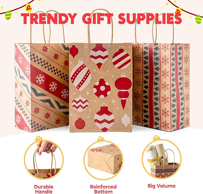 JOYIN 24 PCS Christmas Kraft Gift Bags Xmas Paper Goody Wrap Bags with Durable Handles and Non-Breaking Bottoms for Holidays, Birthdays, Classrooms and Party Favors (8.27 x 5.91 x 3.15)