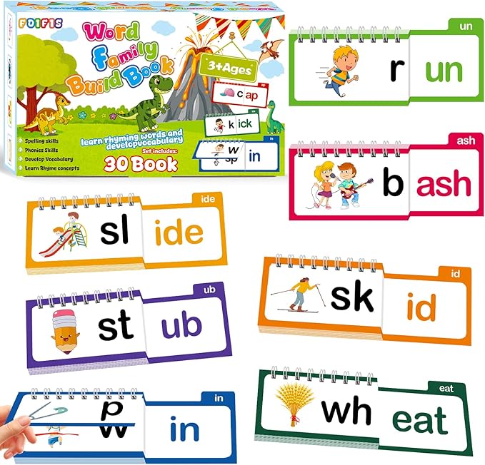 Word Family Build Book, 30 Read and Rhyme Flip Activity Book, Dinosaur ABC Learn to Read Phonics Flash Cards for Preschool/Kindergarten, CVC Words Reading Games for Kids Ages 3-8