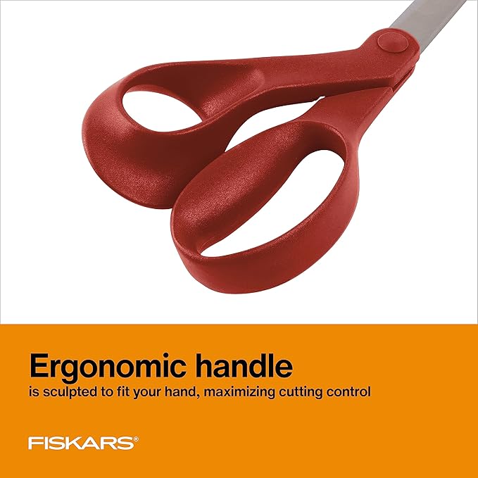 Fiskars Left-Handed Scissors, Precision Cutting for Craft Fabric Paper, Ergonomic Comfort Grip, Stainless Steel, 8", Red