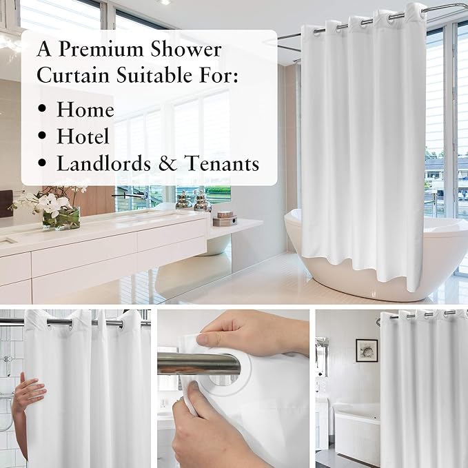 River Dream Fabric Shower Curtain No Hooks Needed - TPU Lining & No Liner Required, Hotel Shower Curtain for Bathroom with Built-in Hooks & Bottom Magnets, Waterproof, White, 71x74