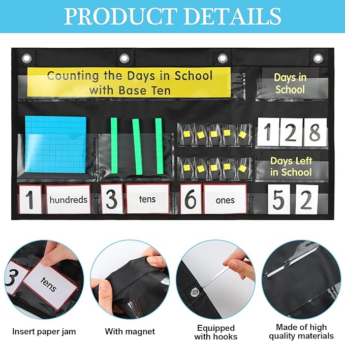 Back to School Counting The Days with Base Ten Pocket Chart Place Value, Counting Caddie Pocket Chart for Classroom Bulletin Board School or Home Decor, 4 Hooks(Black,Classic Style)