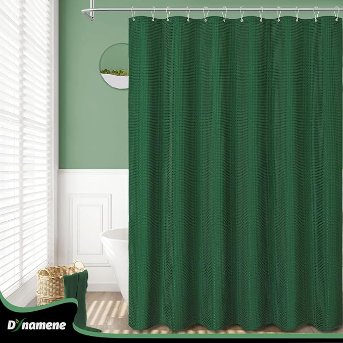 Dynamene Dark Green Fabric Shower Curtain - Waffle Weave Textured Heavy Duty Cloth Shower Curtains for Bathroom, 256GSM Hotel Luxury Weighted Bath Curtain Set with 12 Hooks,72x72, Dark Green