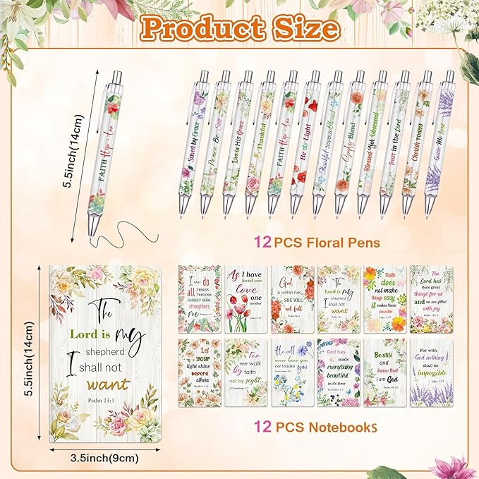 36 Pcs Christian Bulk Gifts for Women Include 12 Mini Bible Verse Notepads, 12 Scripture Ballpoint Pens & 12 Magnetic Cross Bookmarks, Cute Religious Notebooks Gifts Prizes Party Favors, 3.5"x5.5"