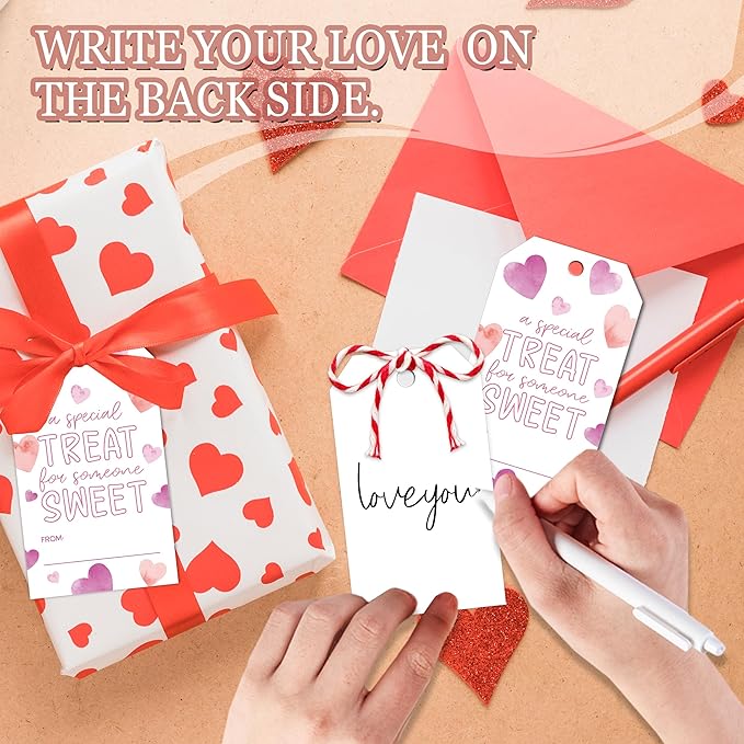 50Pcs Valentines Day Gift Sticker Tags - Happy Valentine's Day Tags with String, A Special Treat for Someone Sweet Label for Gift Wrapping, Valentine's Day Decoration