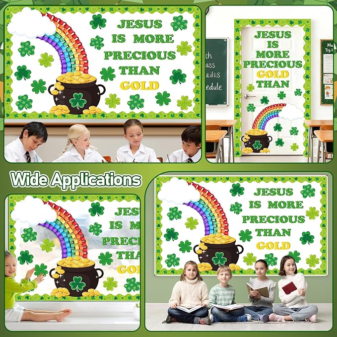 St. Patrick's Day Christian Bulletin Board Set Jesus Religious Classroom Decorations 3D Rainbow Gold Coin Paper Cutouts Shamrock Bulletin Board Borders for Church Sunday School VBS Wall Door Decor