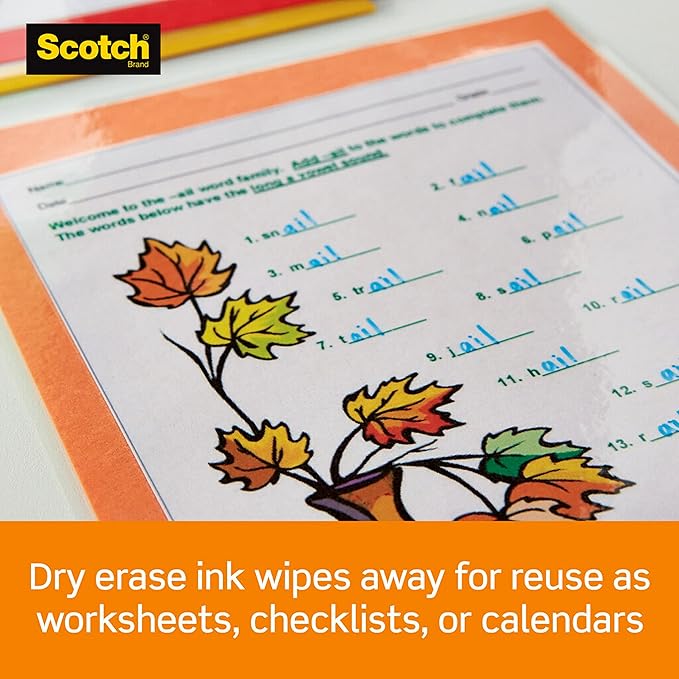 Scotch dry erase Thermal Laminating Pouches, 50-Pack, Works with Dry Erase Markers, Reuseable Worksheets, Calendars, Checklists, 8.9 x 11.4 Inches, Letter Size, Clear Professional Finish (TP3854-50DE)