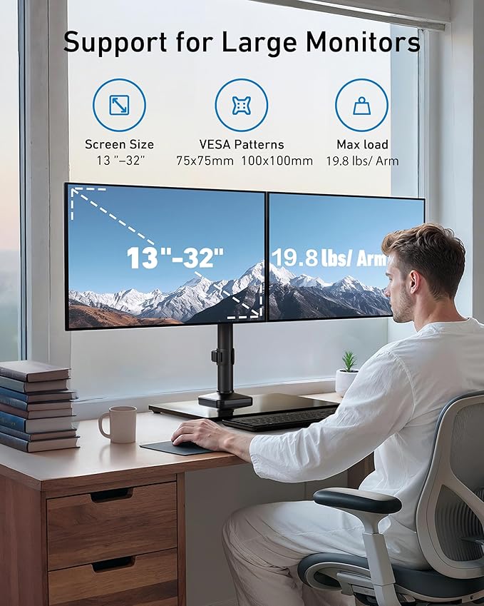 HUANUO Freestanding Dual Monitor Stand, 32 Inch Dual Monitor Mount for 2 Screens, Holds up to 19.8 lbs per Arm, Gaming Monitor Arm Riser with Tempered-Glass Base, Tilt, Swivel, Rotation, Black