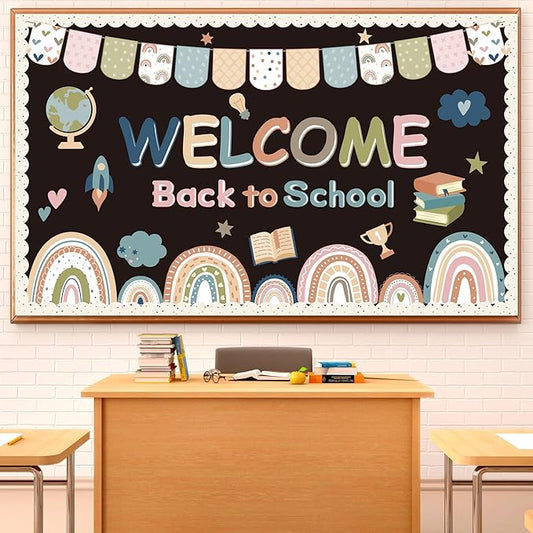 Welcome Bulletin Board Decorations Back to School Boho Classroom Decoration Boho Rainbow Welcome Back Bulletin Board Set Cutouts for School Office Chalkboard Wall Door Decor Supplies