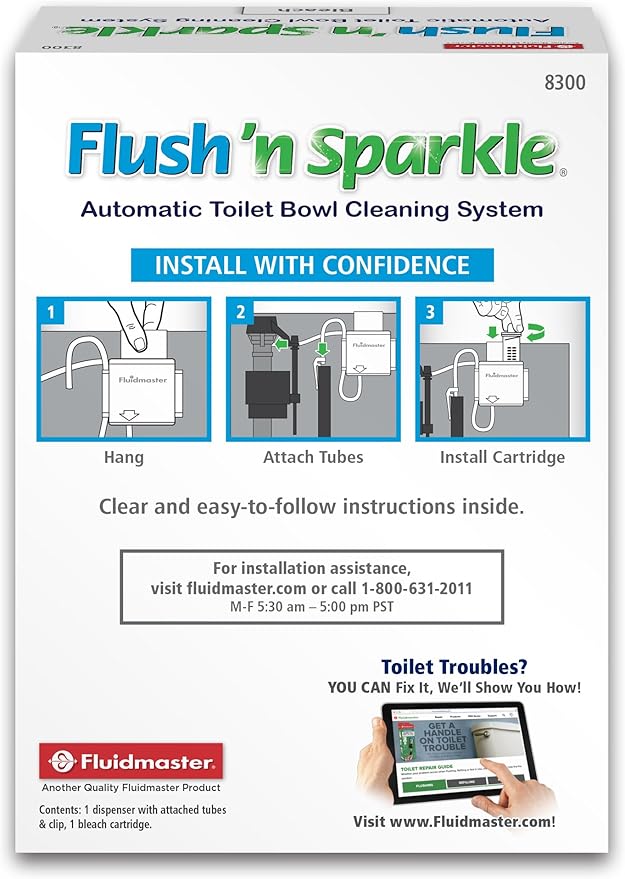 Fluidmaster 8300 Flush 'n Sparkle Automatic Toilet Bowl Cleaning System with Bleach Cartridge, 1 Count (Pack of 1) ( Packaging May Vary)