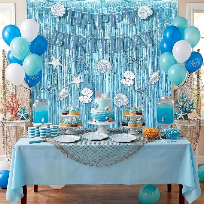 Epakh 39 Pcs Coastal Blue Bow Starfish Seashell Party Decorations Includes 24 Pcs Paper Cards Decor 13 Happy Birthday Banner 2 Foil Fringe Curtain Backdrop for Ocean Photo Prop Party Supplies