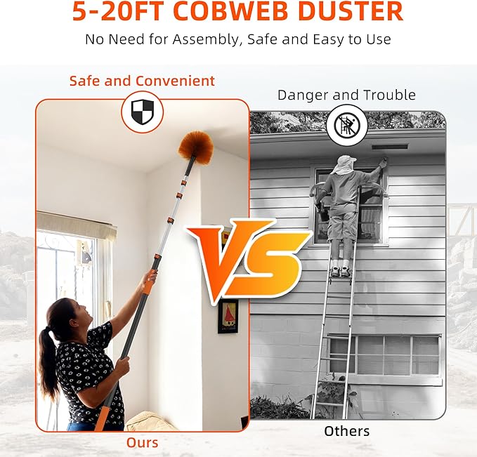 26 FT Cobweb Duster with Extension Pole, Cobweb Duster with 5-20FT Telescoping Extension Pole, Cleans Spider Webs, Washable & Reusable for High Ceilings, Fans & Outdoor & Indoor Cleaning