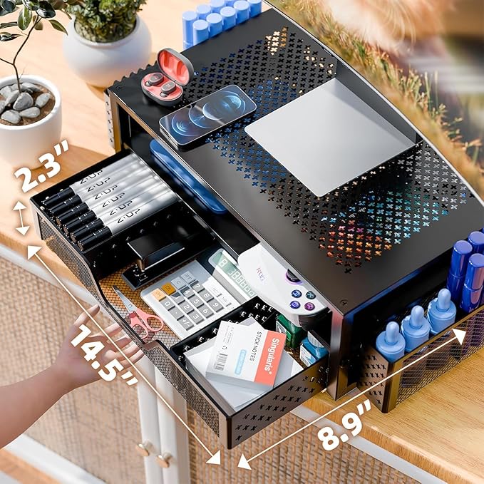 Simple Trending Desk Organizer and Accessories, 2 Tier Computer Metal Monitor Stand Riser with Drawer and Pen Holder for Laptop, Computer, iMac, Black