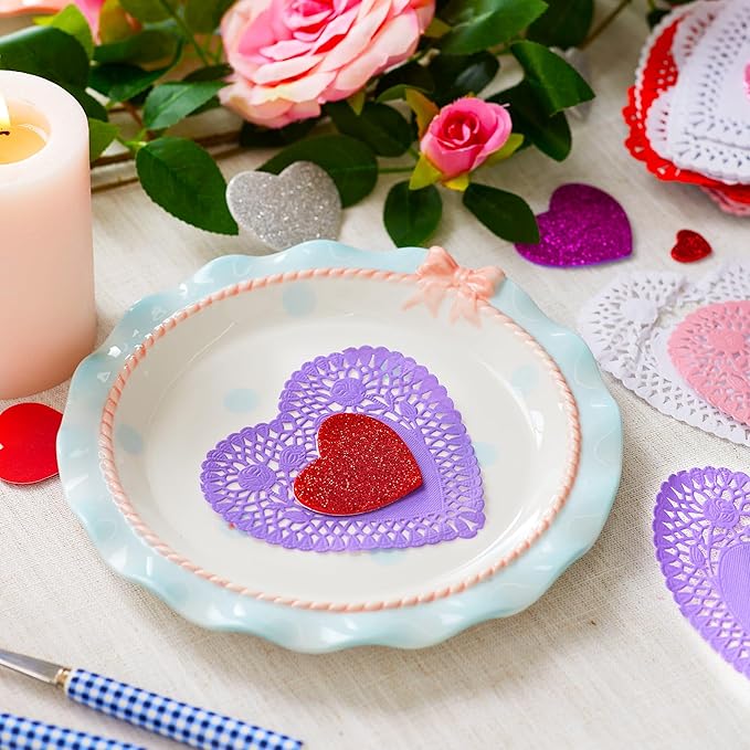 JOYIN 86 Pcs Valentines Day Heart Doilies Craft Gift Set with 50 Pcs Paper Doilies, 12 Foam Craft and 1 Bags of Glitter Foam Heart Stickers for Valentine's Day Party Tableware Decoration