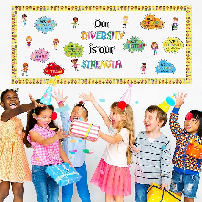 Diversity Bulletin Board Decoration Set Diverse Students Borders Cutouts for Party School Classroom Door Welcome Bulletin Board Craft Home Wall(Our Diversity is Our Strength)