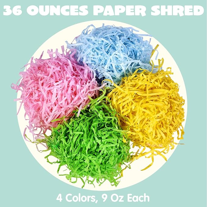 JOYIN 2.25 LB Multicolor Rainbow Easter Grass Recyclable Paper Shred Gift Wrap Crinkle Filler(Pink, Yellow, Sky Blue, and Green) for Easter Hunt Decor, Basket Stuffers, Wedding Party Favor(36 oz)
